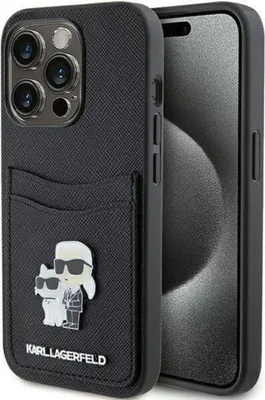 A black Karl Lagerfeld iPhone 15 Pro case with a card slot and a Karl and Choupette design.