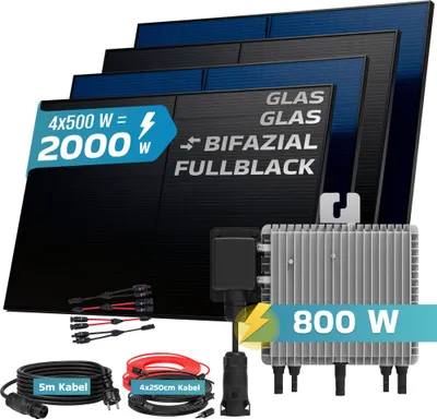 Produktbild von SUNNIVA® 2000W Balkonkraftwerk BIFAZIAL FULLBLACK komplett Steckdose DEYE 800W Wechselrichter, PV Solaranlage, 5m Kabel, Bluetooth WIFI