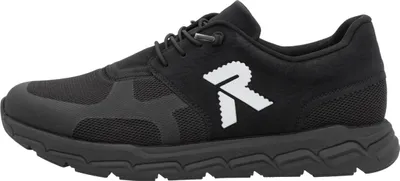 A black athletic shoe with a white logo on a white background.