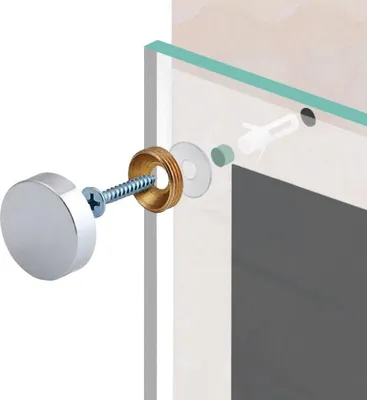 An exploded view diagram showing the assembly of a mirror mounting screw with a decorative cap, washer, and wall plug into a glass panel and wall.