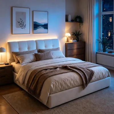 Immagine prodotto di Letto contenitore INONEFT 140x200 cm con LED, letto imbottito a molle con contenitore, letto matrimoniale con struttura, rete a doghe e contenitore, in velluto, color beige