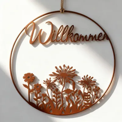 Metallkranz 30 cm mit Willkommensschild, Rostoptik