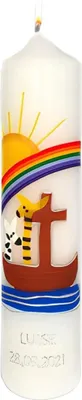 Produktbild von Taufkerze 265 x Ø 60 mm in Weiß Arche Noah, Sonne, Regenbogen und Namensverzierung