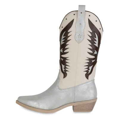 Produktbild von van-hill Cowboystiefel Damen, Silber Beige, 39, Kunstleder, Stickereien, spitz, Trichterabsatz in Holzoptik, Frühling/Herbst