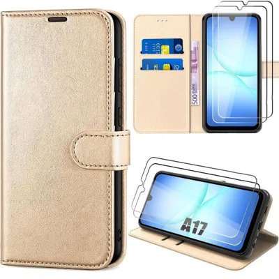 Image de Coque + 2 Verres Trempés pour Samsung Galaxy A17 4G/5G, Protection Rabat Flip Case Antichoc Synthécuir - Doré