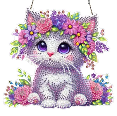 Produktbild von Diamond Painting Fensterbild Kätzchen Blumen 20x20cm Weiß mit Kette DIY Anhänger