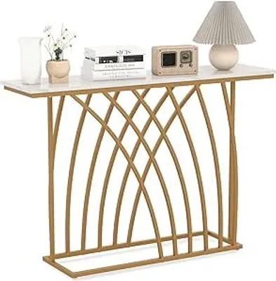 Zdjęcie produktu dla Konsola, nowoczesne wejście z imitacji marmuru, geometryczna struktura z pozłacanego metalu do wejścia, salonu, przedpokoju, 120 x 30 x 80 cm