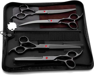 Produktbild von Professionelles Hundepflegeset aus Edelstahl, gerade, schlankmachende und gebogene Schere für Hunde und Haustiere, Katzenscheren-Set (schwarz)