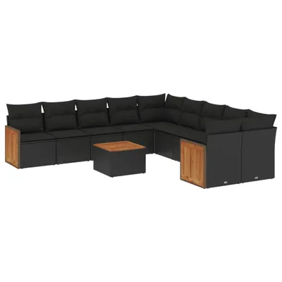 Produktbild von 11-teiliges Gartenmöbel-Set, modular, Lounge-Sofa mit Akazienholz-Tisch, Schwarz, aus UV-beständigem Poly Rattan und Stahl, mit 22 Kissen