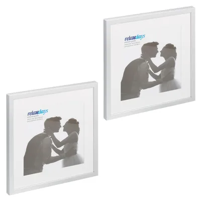Productafbeelding van Relaxdays set van 2 fotolijsten, 38,5x38,5 cm, vierkant, fotolijst, geschikt om op te hangen of neer te zetten, met passe-partout, zilverkleurig