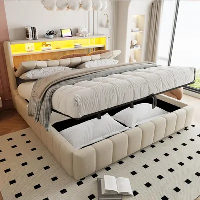 Imagen del producto de Cama tapizada MODFU de 180x200, cama doble con cajón, cama con espacio de almacenamiento hidráulico y iluminación LED, estructura de cama con puertos USB y USB-C, sin colchón, color beige