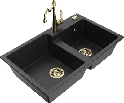 Produktbild von Mexen Tomas 2-Becken-Granitspüle mit Mischbatterie Carla, Schwarz/Silbermetallic - 6516-73-670700-50