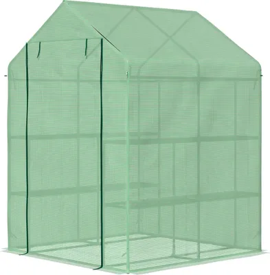 Produktbild von Tomatenhaus Treibhaus Frühbeet, Foliengewächshaus begehbar mit 8 Regalebenen, PE-Folie Stahlrahmen, Grün  |  9,8 kg  |  Rolltür  |  143x138x190 cm