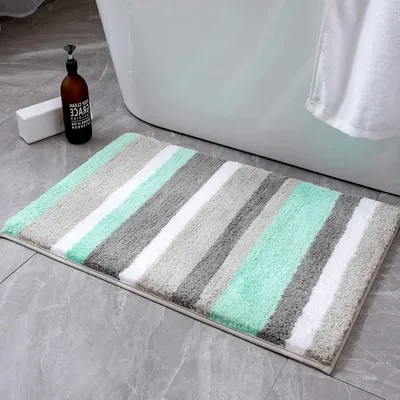 Image de Tapis de bain, tapis de douche, tapis de bain rayé, tapis de bain antidérapant, tapis de sol moderne, tapis de salle de bain, moelleux, lavable, décoratif, antidérapant, salle de bain, salon, 1 pièce, 40 x 60 cm, vert et gris