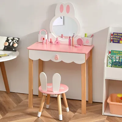 Obrázek produktu pro COSTWAY Dětský toaletní stolek se stoličkou, toaletní stolek pro princezny, toaletní stolek se zrcadlovými zásuvkami a úložným boxem, kosmetický toaletní stolek pro děti a dívky