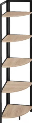 A corner shelf unit with wooden shelves and a black metal frame.
