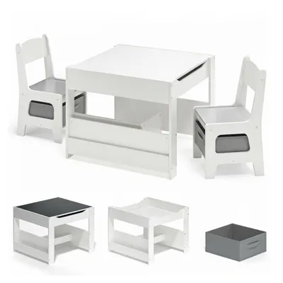 Immagine prodotto di BEALIFE Set di 3 sedie per bambini TB91 | Tavolino con 2 sedie, spazio contenitore e lavagna | Grigio/Naturale | Per bambini dai 3 ai 7 anni