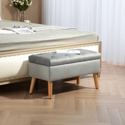 Produktbild von Polsterhocker mit Stauraum, Samtbezug mit Knopfpolsterung, Sitzhocker Aufbewahrungsbox, Grau | 80 x 35 x 42 cm | bis 120 kg | Kautschukholzbeine