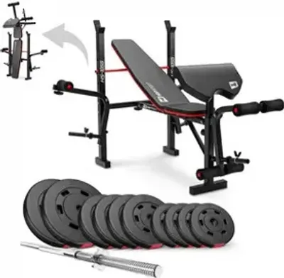 Produktbild von Hop-Sport zusammenklappbare Hantelbank HS-1055 mit Curlpult, Butterfly und Beincurler Inkl. 59 kg Hantelset + Langhantelstange