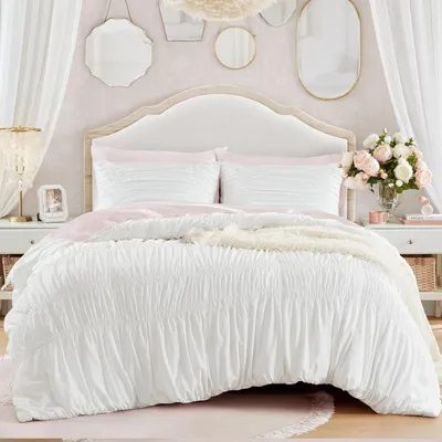 Immagine prodotto di Biancheria da letto in tessuto seersucker, 200x220 cm, bianca a righe, set da 3 pezzi con 2 federe 80x80 cm, chiusura con cerniera