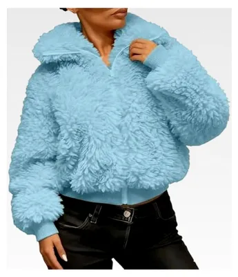 Produktbild von Damen Plüschjacke Kurz Winterjacke mit Reißverschluss Teddy Fleece Oversized Jacke mit Reverskragen
