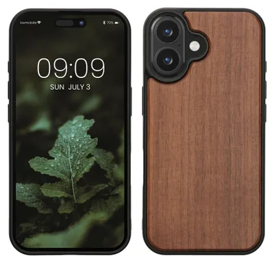 Produktbild von kwmobile Handyhülle für Apple iPhone 16 Hülle Holz - Case mit TPU Bumper - Stoßfestes Hardcase - Schutzhülle Cover in Dunkelbraun