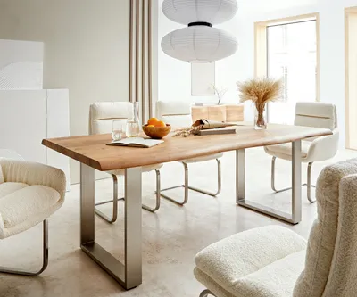 Produktbild von DELIFE Esstisch Edge 200x100 XL Akazie Natur Edelstahl Schmal Live-Edge