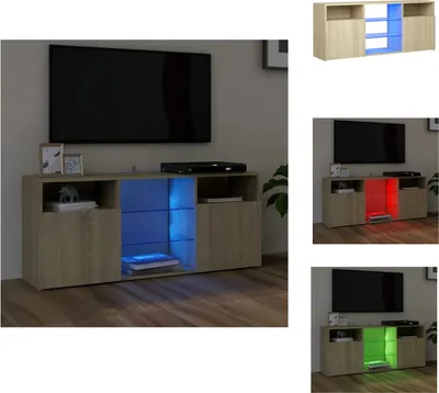 A collage of images showing a TV stand with LED lighting in different colors.