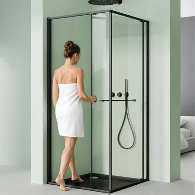 Produktbild von Mai & Mai Duschkabine Eckeinstieg 80x80 cm mit Schiebetür nach innen, Eckdusche Duschabtrennung 195cm Höhe, 6mm ESG-Sicherheitsglas Nano-Beschichtung Ravenna69K Schwarz
