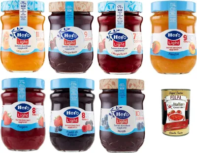 Produktbild von Hero Light Konfitüre Leichte Brotaufstriche Testpaket, Extra-Marmelade und Konfitüre mit hochwertigen Früchten, ohne Zuckerzusatz und sehr wenig Kalorien 7x 280 g + Italian Gourmet polpa 400g