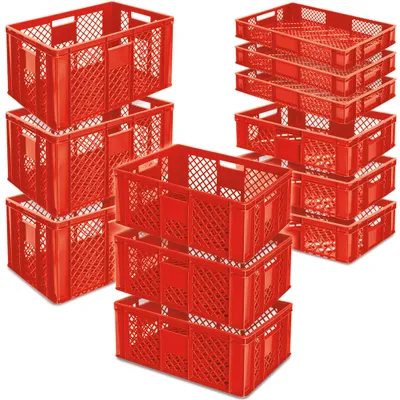 Produktbild von 12x Stapelkorb/Bäckerkisten in 4 Größen, Grundmaß LxB 600 x 400 mm, H 90 mm, 150 mm, 240 mm, 320 mm, Farbe rot