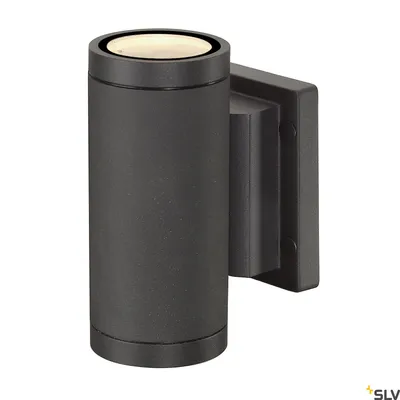 A dark gray, cylindrical outdoor wall light fixture is shown against a white background.