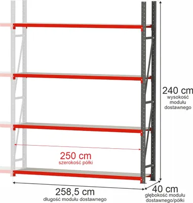 Zdjęcie produktu dla Regał metalowy magazynowy warsztatowy 4-półkowy Mega-M FORTIS 258,5x40x240cm moduł dostawny