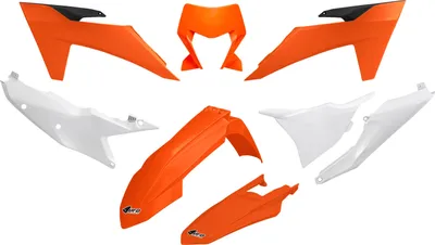 Imagen del producto de Kit de plástico UFO para KTM EXC 150 / 250 / 300 (modelo 2024), EXC-F 250 / 350 / 450 / 500 (modelo 2024). Color: naranja y blanco (OEM)