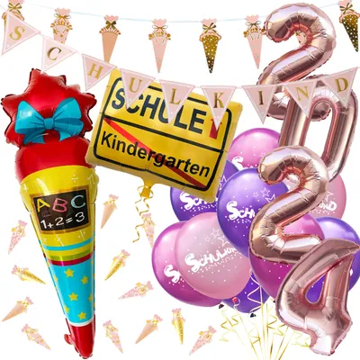 Produktbild von Oblique Unique Schuleinführung Schulanfang Einschulung Deko Set 2024 für Mädchen - Girlanden + Luftballons + Konfetti