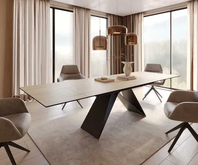 Produktbild von DELIFE Esstisch Edge 200-300x100 Keramik Laminam® Sabbia Eichefarbig V-Gestell Flachstahl Schwarz ausziehbar