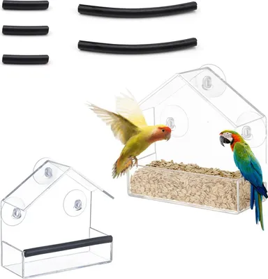 Produktbild von Vogelvoederhaus für Fenster mit Saugnäpfen und Klebestreifen - Set von 2 - Transparent - Fensterform - 15 x 15 x 6 cm - Vogel-Futterstation - Geeignet für Vogelfutter