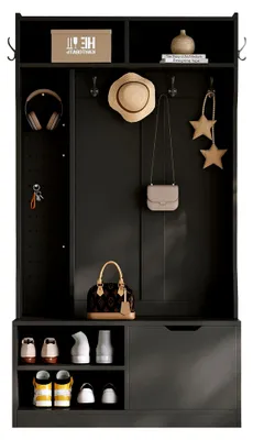 Produktbild von Multifunktionaler Garderobenschrank für den Flur in Schwarz, Garderobenset mit Sitzbank, 6 Haken und offenem Stauraum, kompakte Garderobe 100x185,5x40cm - Flurgarderoben Set für Ordnung und Stil