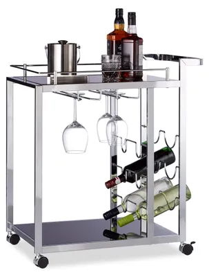 Servierwagen mit Weinregal, Glasablagen, 75x40x70 cm, schwarz