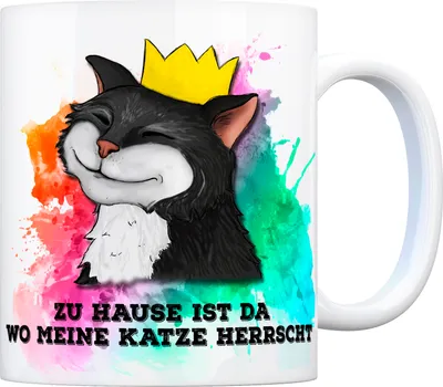 Produktbild von Kaffeebecher mit Katze Motiv und Spruch: Zu Hause ist da wo meine Katze ...