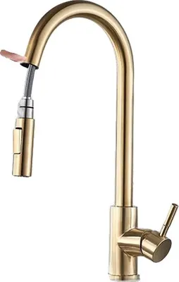 Produktbild von Küchenarmatur, Ausziehbare Sprühfunktion, Zeitgenössisches Design, Bürsteter Goldsensor