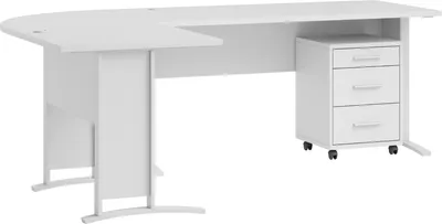 A white corner desk with a rolling drawer unit.