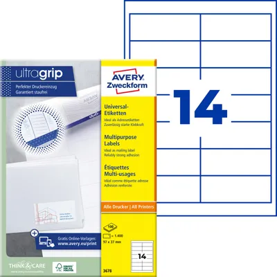 Produktbild von Avery Zweckform 3678, Universal-Etiketten, A4, Qualitätsdruck mit: ultragrip, 97 x 37 mm, 1.400 Etiketten / 100 Bögen, weiß