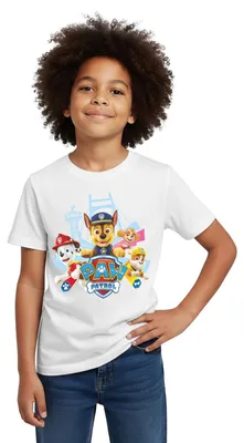 Produktbild von Spreadshirt Paw Patrol Logo Kinder T-Shirt, 122/128 (7-8 Jahre), Weiß