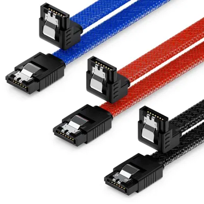Produktbild von deleyCON SATA 3 Nylon Kabel Set 50cm 90°, 3 Stück - Schwarz Blau Rot