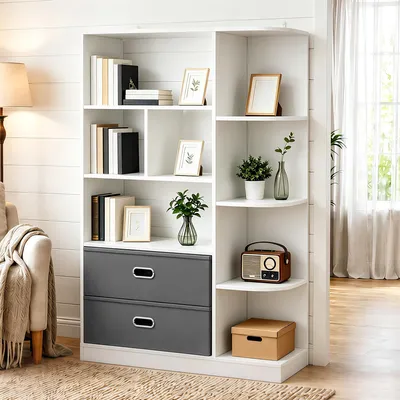 Produktbild von Bücherregal mit 8 Ebenen und 2 Stoffschubladen, Aufbewahrungsregal Standregal, Bücherschrank, 80 × 24 × 115 cm, Weiß
