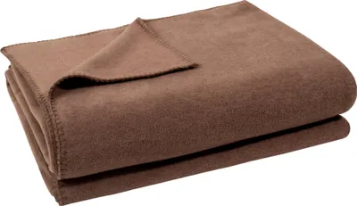 A folded brown fleece blanket is shown on a white background.