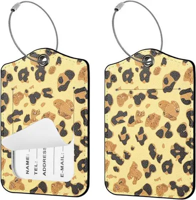 Zdjęcie produktu dla 2 sztuki personalizowanych etykiet na walizki z motywem lamparta, łatwe do zidentyfikowania, wykonane z skóry PU, idealne do oznaczania bagażu podczas podróży