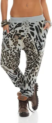 Produktbild von 129 Damen Boyfriend Baggy Freizeithose Jogginghose Hose Einheitsgröße (36-40) Leo Print Tierprint Hellgrau