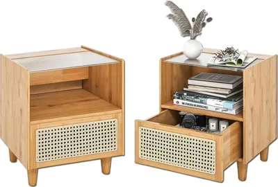 Produktbild von KOMFOTTEU Nachttisch mit Schublade aus Rattan & Bambus, Beistelltisch mit Beinen aus Massivholz, 43x35x50 cm (Natur 2 Stück)